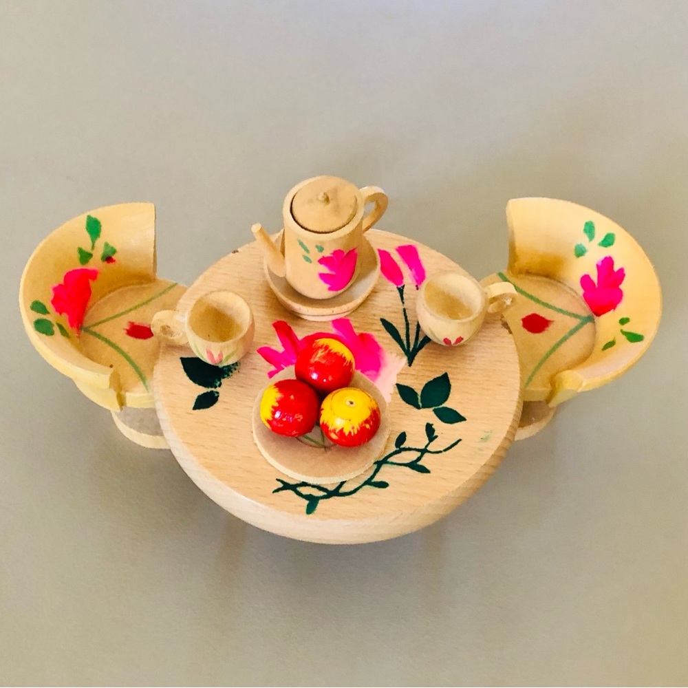 NEW Miniature Wood Table and Tea Set ~ Vintage